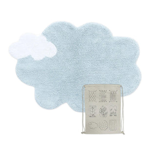 Lichtblauw wolkvloerkleed met witte wolk en zakje.