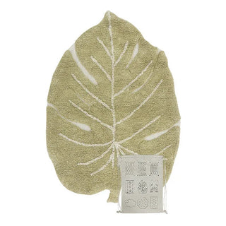 Klein olijfkleurig bladvloerkleed met naturel nerven en zakje.