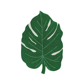 Groen Monstera Leaf-vloerkleed in bladvorm met lichte nerven en steel. Op witte achtergrond.