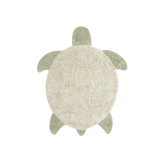 Zeegroene en lichte Sea Turtle-vloerkleed in schildpadvorm. Op witte achtergrond.