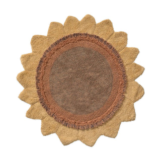 Zonnebloemvormig vloerkleed met bruine kern en gele rand.