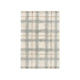 Tartan Blue Sage-vloerkleed met blauwgroen ruitpatroon en franjes.