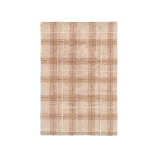 Tartan Rose-vloerkleed met zachtroze ruitpatroon en franjes.