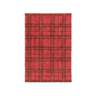 Tartan Vintage Red-vloerkleed met rood ruitpatroon en franjes.