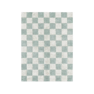 Rechthoekig vloerkleed met blauwgroen en naturel schaakbordpatroon.