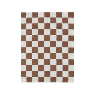 Rechthoekig vloerkleed met toffeebruin en naturel schaakbordpatroon.