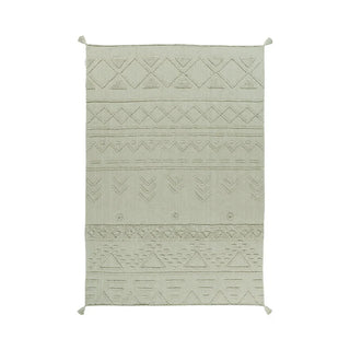 Olijfkleurig vloerkleed met geometrisch reliëf en hoekkwasten.