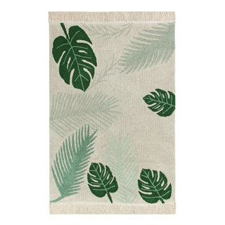 Tropical Green-vloerkleed met groene bladeren en franjes. Op witte achtergrond.