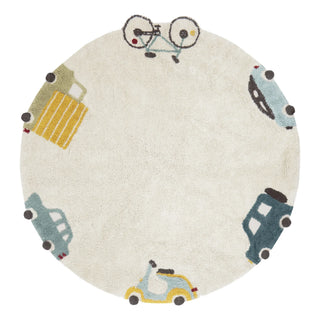 Wheels-vloerkleed met voertuigen langs de rand op een neutrale achtergrond.