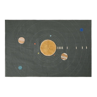 Donkergroene rechthoekige wanddecoratie met zonnestelsel.