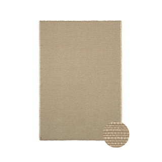 Beigekleurig Handloom-vloerkleed, met ronde detailinzet van de weefstructuur.