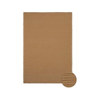 Okerkleurig Handloom-vloerkleed, met ronde detailinzet van de weefstructuur.
