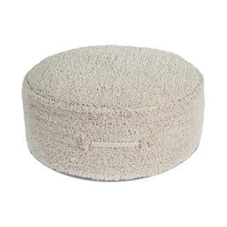 Naturel ronde lage poef met handgreep.