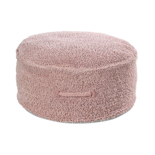 Roze ronde lage poef met handgreep.