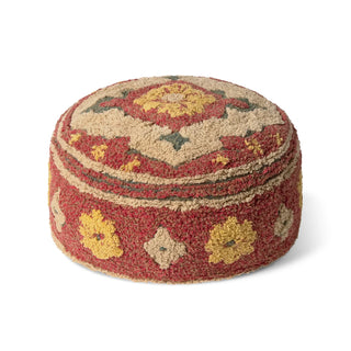 Ronde rode Persian-poef met geel en licht patroon.