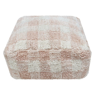 Roze Vichy-poef met naturel ruiten.