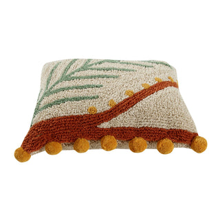 Naturel kussen met groen palmblad en gele pompons.