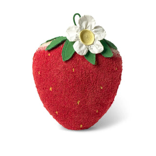 Rood aardbeikussen met groene bladeren en witte bloem.