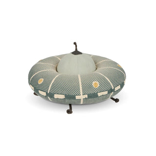 Blauwgroen UFO-kussen met lichte koepel en donkere poten.