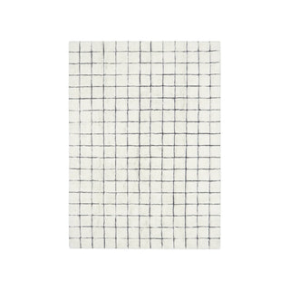 Naturel vloerkleed met donkere rasterlijnen.