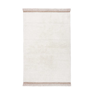 Wit Steppe-vloerkleed met subtiele banen en beige franjes. Op witte achtergrond.