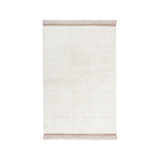 Wit Steppe-vloerkleed met subtiele banen en beige franjes. Op witte achtergrond.