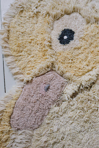 Detail van oog en snavel van het eendenvloerkleed.
