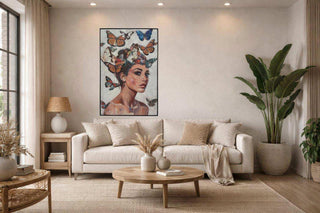 'Canvas Painting Women with Big Butterflies 80*120*3.5cm van Mansion atmosphere, toegepast in een sfeervolle interieursetting
