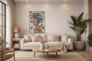 'Canvas Painting Women with Butterflies 70*100*3.5cm van Mansion atmosphere, toegepast in een sfeervolle interieursetting