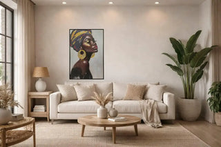 Canvas Schilderij Beautiful Woman with Earrings – Vrouw met, toegepast in een sfeervolle interieursetting