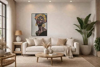 Canvas Schilderij Beautiful Woman with Headband – Vrouw met, toegepast in een sfeervolle interieursetting