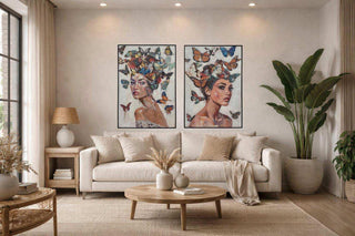 Canvas Schilderij Woman with Big Butterflies – Vrouw met Vlinders van Mansion atmosphere, in een gestileerde detailopstelling