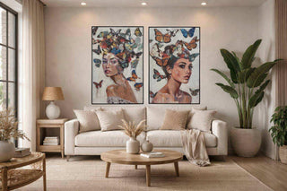 Canvas Schilderij Woman with Butterflies – Vrouw & Vlinders 80x120, in een gestileerde detailopstelling