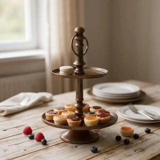 Etagere antiek goud 2 plateaus van Mansion atmosphere, toegepast in een sfeervolle interieursetting