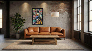 Pop Art Street Art Schilderij Duck – Handgeschilderd Canvas 80x120, toegepast in een sfeervolle interieursetting