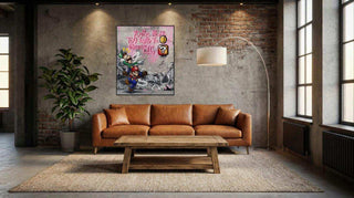 Pop Art Street Art Schilderij Game – Handgeschilderd Canvas 100x120, toegepast in een sfeervolle interieursetting