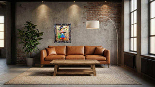 Pop Art Street Art Schilderij Geldzak – Handgeschilderd Canvas 60x70, toegepast in een sfeervolle interieursetting