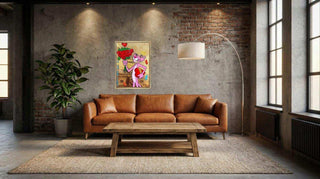 Pop Art Street Art Schilderij Roze Panter – Handgeschilderd Canvas, toegepast in een sfeervolle interieursetting