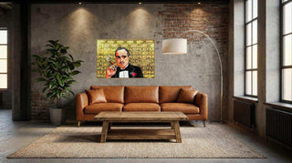 Pop Art Street Art Schilderij The Boss – Handgeschilderd Canvas, toegepast in een sfeervolle interieursetting