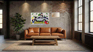 Pop Art Street Art Schilderij Wagon of Money – Handgeschilderd, toegepast in een sfeervolle interieursetting