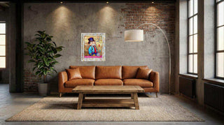 Street Art Schilderij Zakenman Pop Art – Handgeschilderd Canvas, toegepast in een sfeervolle interieursetting