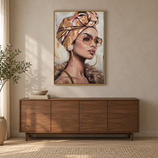 Glamour Portret Yasmin boven een donker houten dressoir tegen een lichte wand – sfeerimpressie