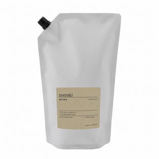 Meraki Northern Dawn douchegel navulling van 1 liter in een zak met zwarte schroefdop