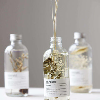 Meraki geurdiffuser met gedroogde bloemen en houten stokjes, verfrissende verbena drizzle geur