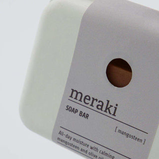 Zeepbar Mangosteen 100gr van Meraki, met etiket en verpakking duidelijk zichtbaar