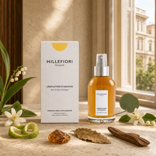 Legni e Fiori dArancio homespray met neroli, oranjebloesem, eucalyptus, amber, patchouli en hout in een Milanese setting