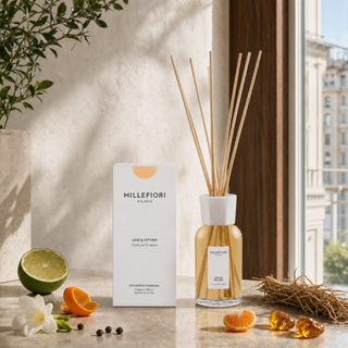 Milano Reed Diffuser Lime & Vetiver met limoen, sinaasappel, fresia, peper, mandarijn, vetiver en amber