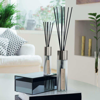 Zilveren geurdiffusers met zwarte rietjes in moderne woonkamer, Silver Spirit geur