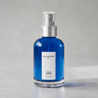 Detailopname van Millefiori Milano Home Spray 100 ml Cold Water met transparante overkap, zilveren verstuiver en glazen flacon.