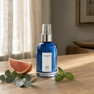 Millefiori Milano Home Spray 100 ml Cold Water op een houten tafel met roze grapefruit, eucalyptus en munt in zacht raamlicht.